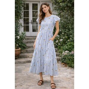 TROVATA Birds Of Paradise Blue White Stripe Kristi Lemon Dress  Women's Size XS